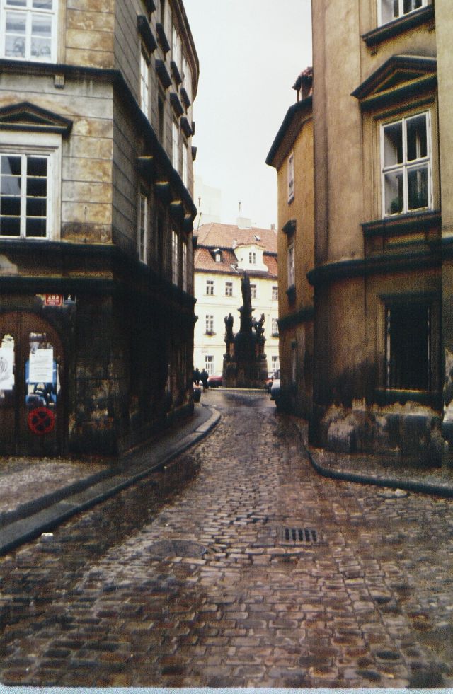 A Typical Street in Prague with a Fountain at the Center