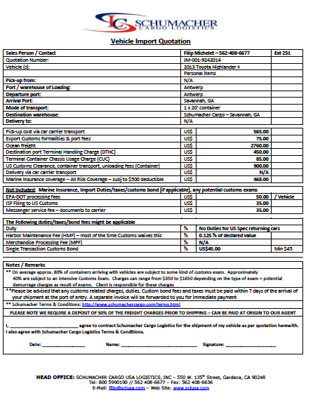Shipping Quote To the U.S.