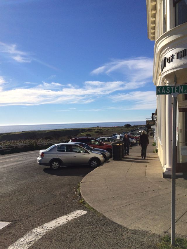 Mendocino Main Street and the Headlands in the distance