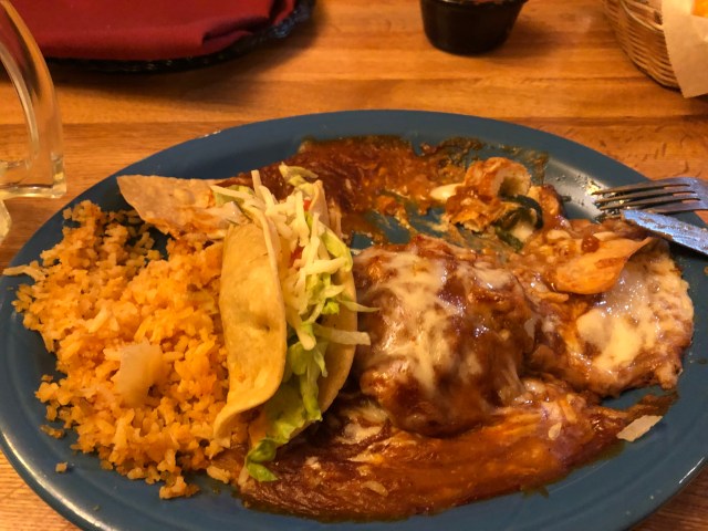 Taco, Relleno, Rice and Beans