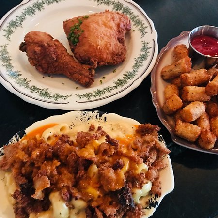 Fried Chicken, Tater Tots and Mac anc Cheese