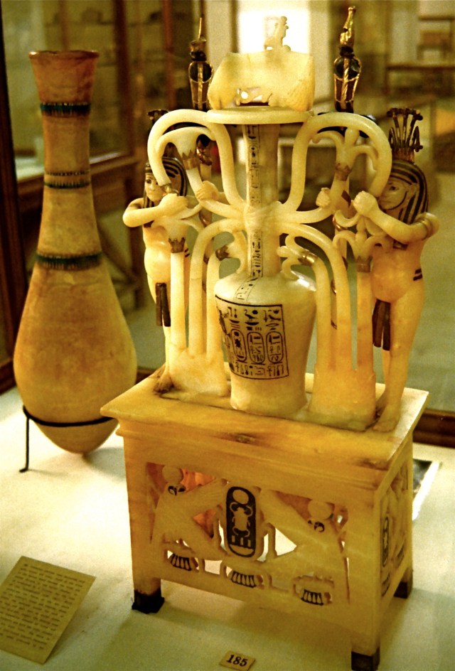 A calcite alabaster perfume jar from the tomb of Tutankhamun, d. 1323 BC